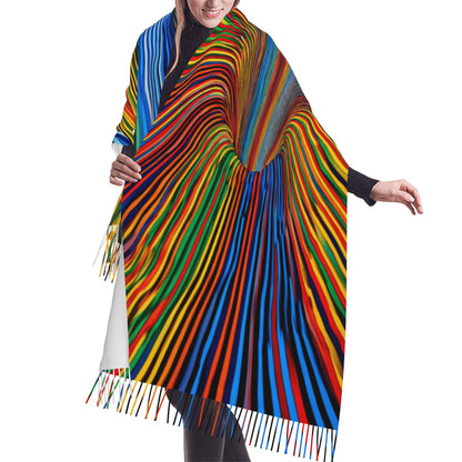 Colorful Gradient Stripe Imitation Cashmere Warm Fringed Scarf (77in×27in)