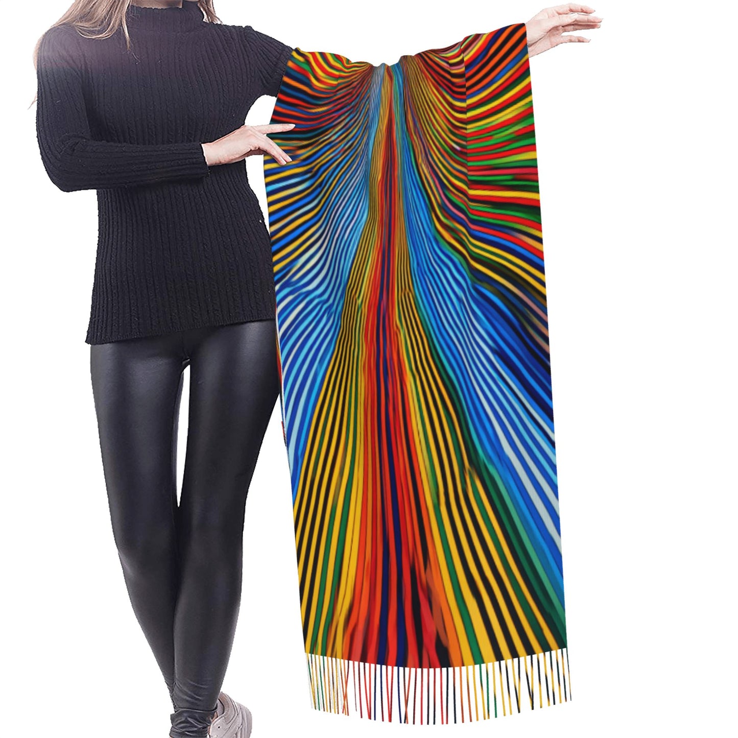 Colorful Gradient Stripe Imitation Cashmere Warm Fringed Scarf (77in×27in)