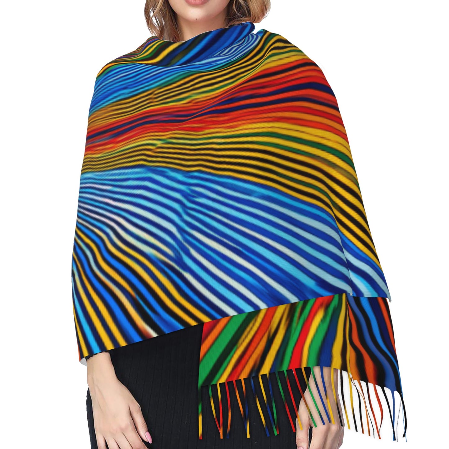 Colorful Gradient Stripe Imitation Cashmere Warm Fringed Scarf (77in×27in)