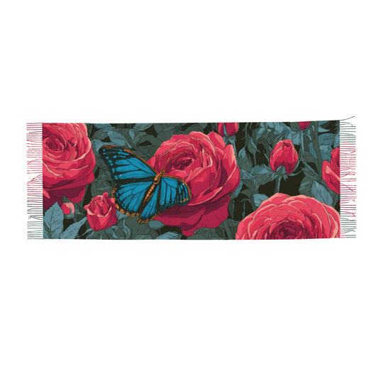 Rose and Butterfly Printed Imitation Cashmere Warm Fringed Scarf (77in×27in)