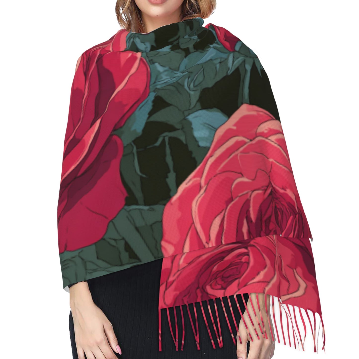 Rose and Butterfly Printed Imitation Cashmere Warm Fringed Scarf (77in×27in)