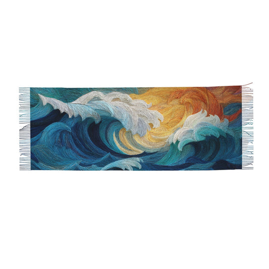 Sea Wave Art Imitation Cashmere Warm Fringed Scarf (77in×27in)