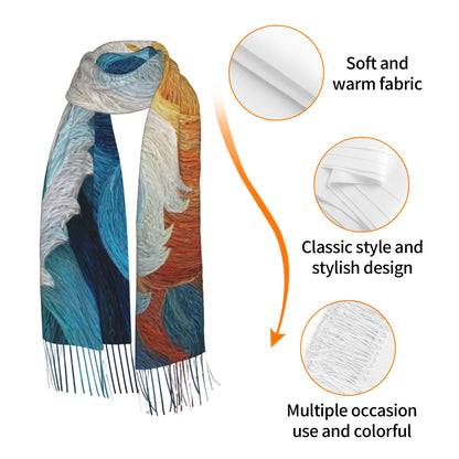 Sea Wave Art Imitation Cashmere Warm Fringed Scarf (77in×27in)