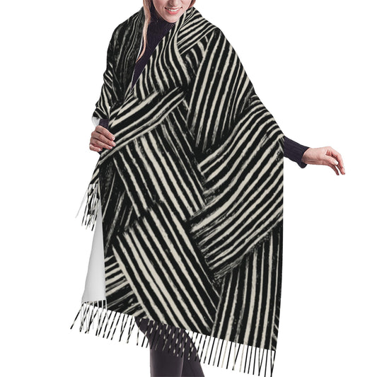 Black & White Geometric Faux Cashmere Tassel Scarf｜Soft Long Winter Shawl Wrap｜196x68cm