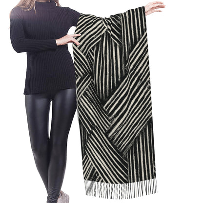 Black & White Geometric Faux Cashmere Tassel Scarf｜Soft Long Winter Shawl Wrap｜196x68cm
