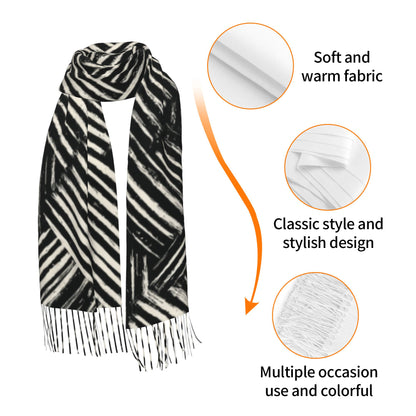 Black & White Geometric Faux Cashmere Tassel Scarf｜Soft Long Winter Shawl Wrap｜196x68cm