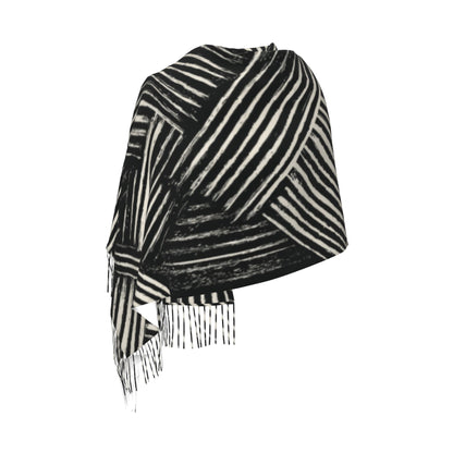 Black & White Geometric Faux Cashmere Tassel Scarf｜Soft Long Winter Shawl Wrap｜196x68cm