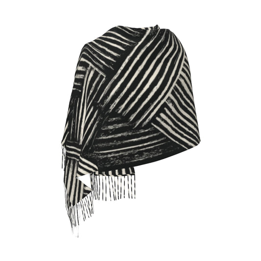 Black & White Geometric Faux Cashmere Tassel Scarf｜Soft Long Winter Shawl Wrap｜196x68cm
