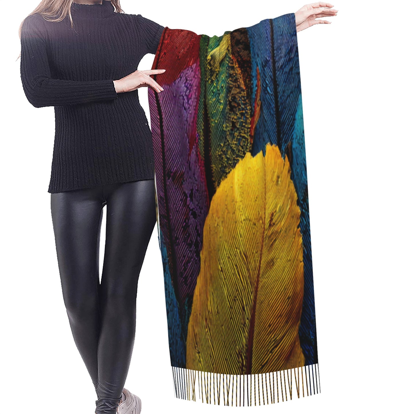 Colorful Feather Print Faux Cashmere Tassel Scarf｜Soft Warm Winter Wrap｜Oversized Shawl 77"x27"
