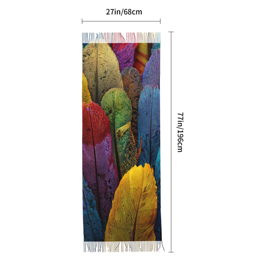 Colorful Feather Print Faux Cashmere Tassel Scarf｜Soft Warm Winter Wrap｜Oversized Shawl 77"x27"
