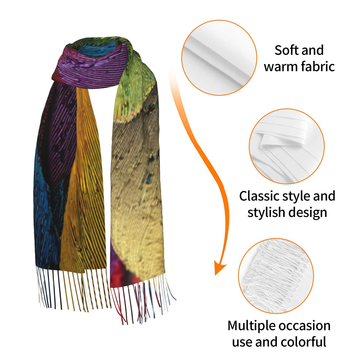 Colorful Feather Print Faux Cashmere Tassel Scarf｜Soft Warm Winter Wrap｜Oversized Shawl 77"x27"