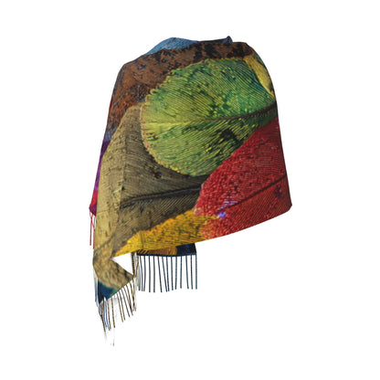 Colorful Feather Print Faux Cashmere Tassel Scarf｜Soft Warm Winter Wrap｜Oversized Shawl 77"x27"