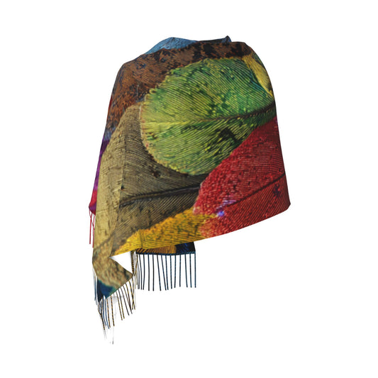 Colorful Feather Print Faux Cashmere Tassel Scarf｜Soft Warm Winter Wrap｜Oversized Shawl 77"x27"