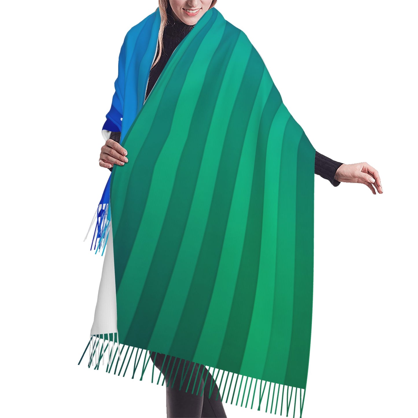 Gradient Blue-Green Stripe Faux Cashmere Tassel Scarf｜Soft Long Winter Wrap｜Oversized Shawl 77"x27"
