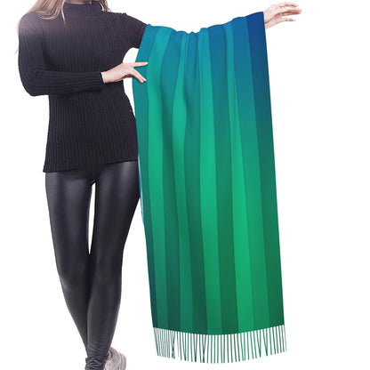 Gradient Blue-Green Stripe Faux Cashmere Tassel Scarf｜Soft Long Winter Wrap｜Oversized Shawl 77"x27"