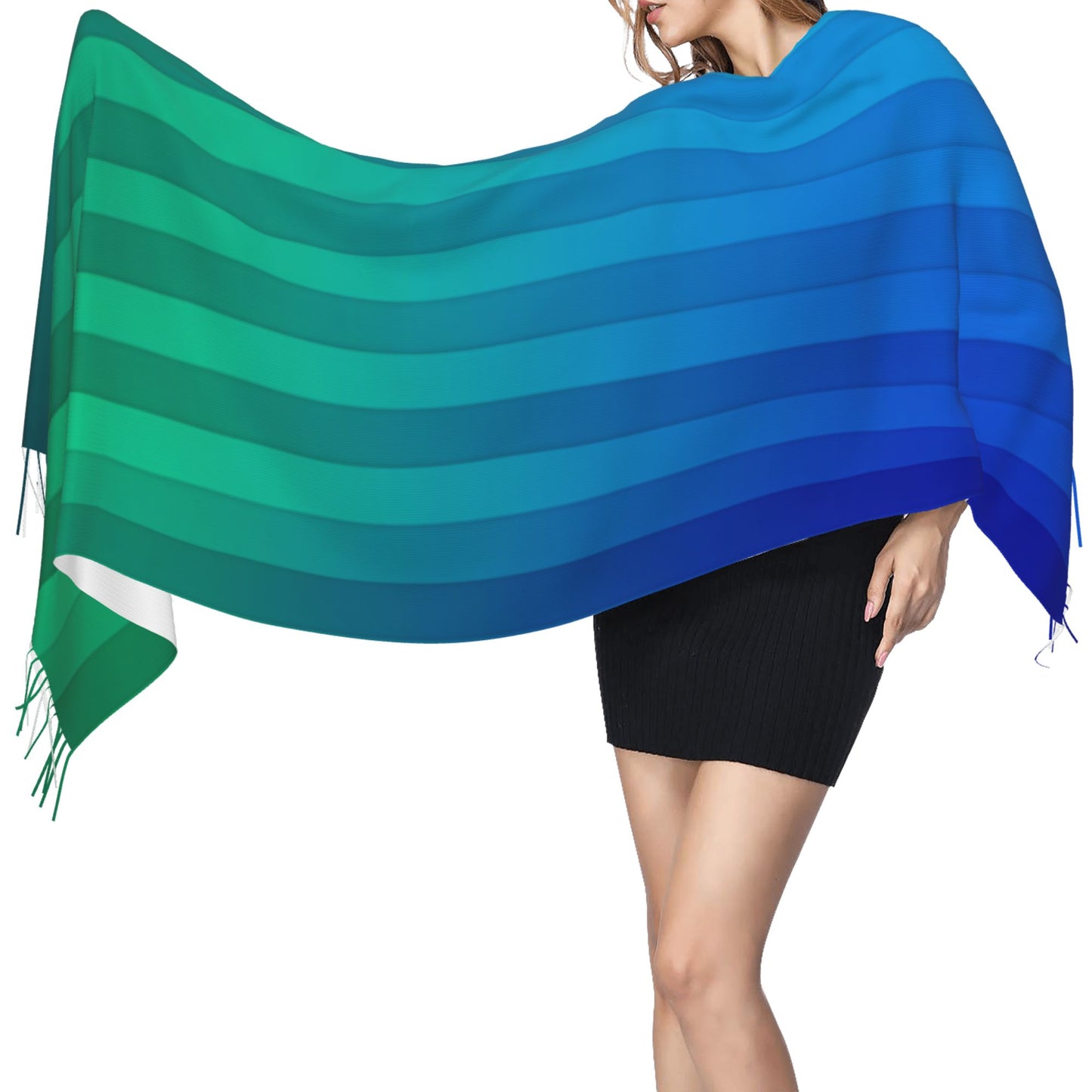 Gradient Blue-Green Stripe Faux Cashmere Tassel Scarf｜Soft Long Winter Wrap｜Oversized Shawl 77"x27"