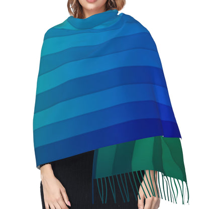 Gradient Blue-Green Stripe Faux Cashmere Tassel Scarf｜Soft Long Winter Wrap｜Oversized Shawl 77"x27"