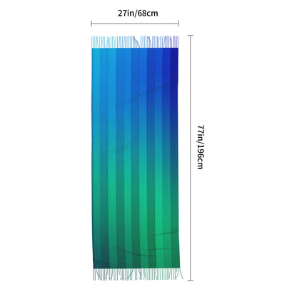 Gradient Blue-Green Stripe Faux Cashmere Tassel Scarf｜Soft Long Winter Wrap｜Oversized Shawl 77"x27"