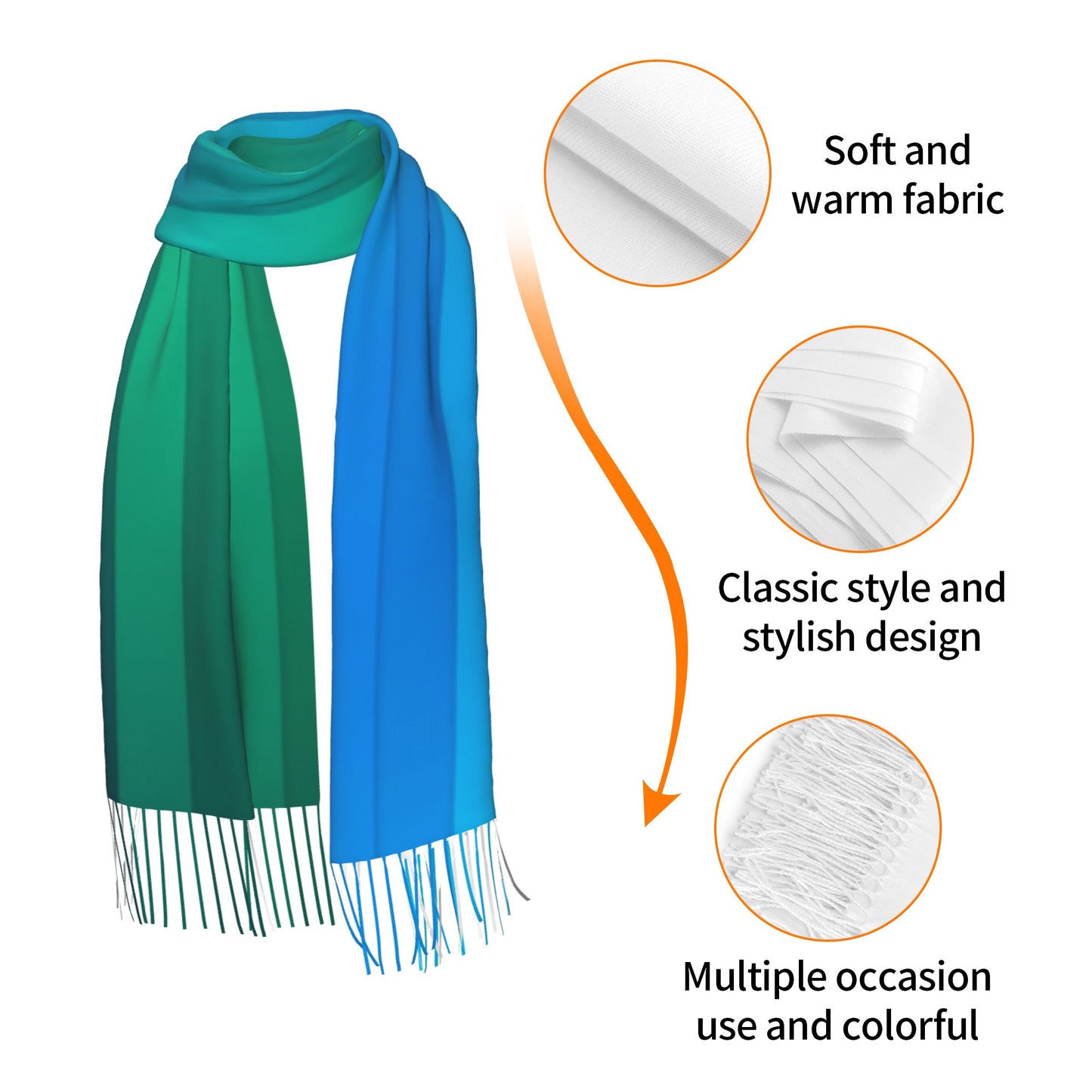 Gradient Blue-Green Stripe Faux Cashmere Tassel Scarf｜Soft Long Winter Wrap｜Oversized Shawl 77"x27"