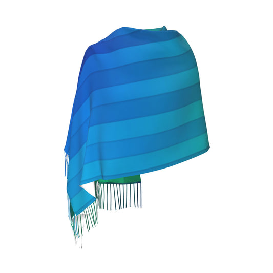 Gradient Blue-Green Stripe Faux Cashmere Tassel Scarf｜Soft Long Winter Wrap｜Oversized Shawl 77"x27"
