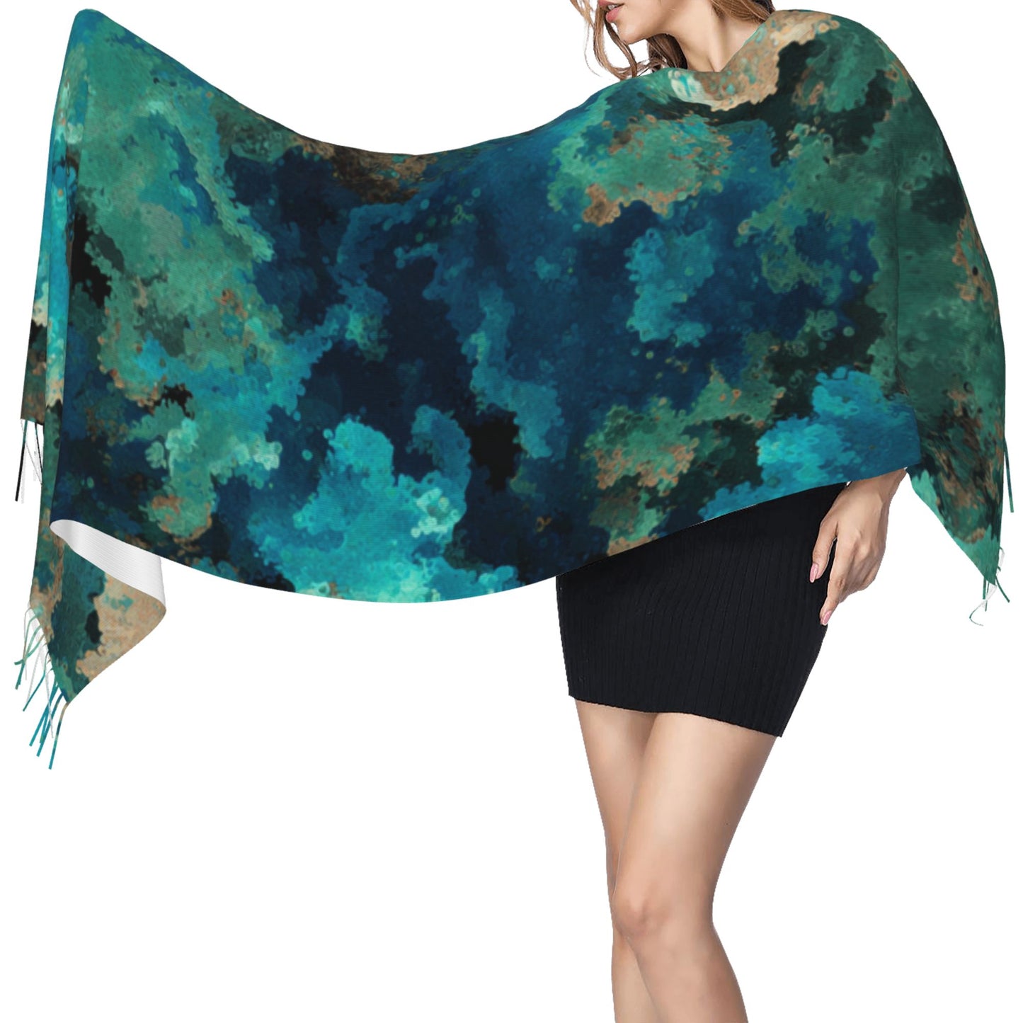 Blue-Green Cloud Pattern Faux Cashmere Tassel Scarf｜Soft Warm Long Winter Shawl｜77"x27" Artistic Wrap