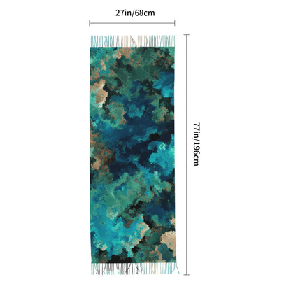 Blue-Green Cloud Pattern Faux Cashmere Tassel Scarf｜Soft Warm Long Winter Shawl｜77"x27" Artistic Wrap