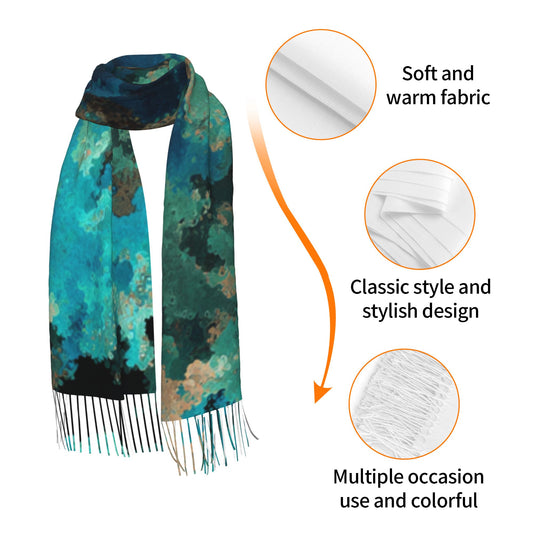 Blue-Green Cloud Pattern Faux Cashmere Tassel Scarf｜Soft Warm Long Winter Shawl｜77"x27" Artistic Wrap