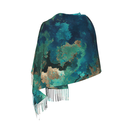 Blue-Green Cloud Pattern Faux Cashmere Tassel Scarf｜Soft Warm Long Winter Shawl｜77"x27" Artistic Wrap