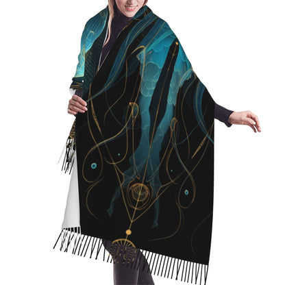 Dreamy Garden Print Faux Cashmere Tassel Scarf｜Soft Warm Long Winter Shawl｜Floral Artistic Wrap 77"x27"