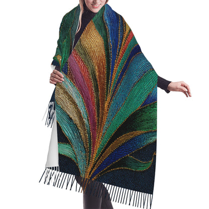 Peacock Feather Pattern Faux Cashmere Tassel Scarf｜Boho Artistic Long Winter Shawl｜Soft Warm Wrap 77"x27"