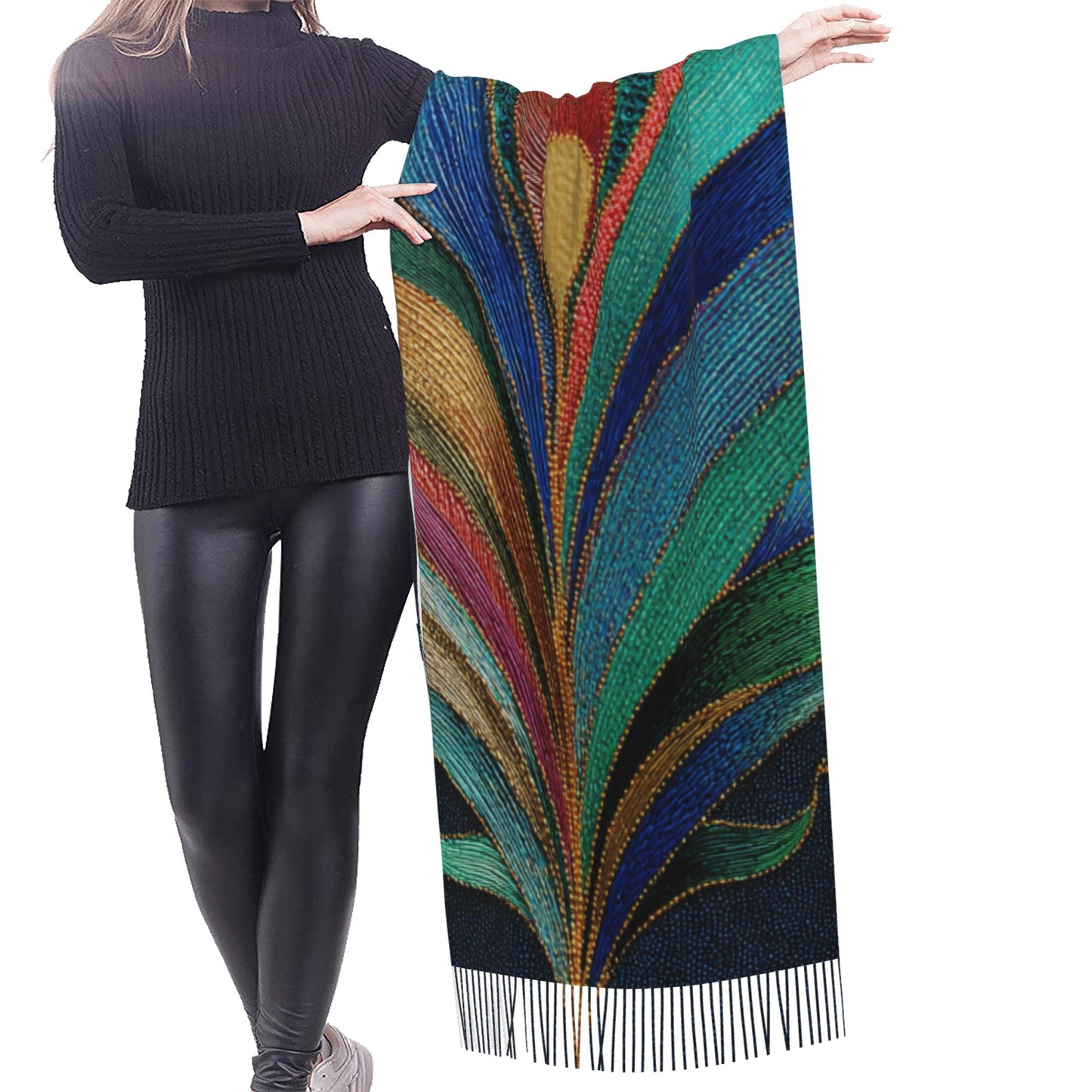 Peacock Feather Pattern Faux Cashmere Tassel Scarf｜Boho Artistic Long Winter Shawl｜Soft Warm Wrap 77"x27"