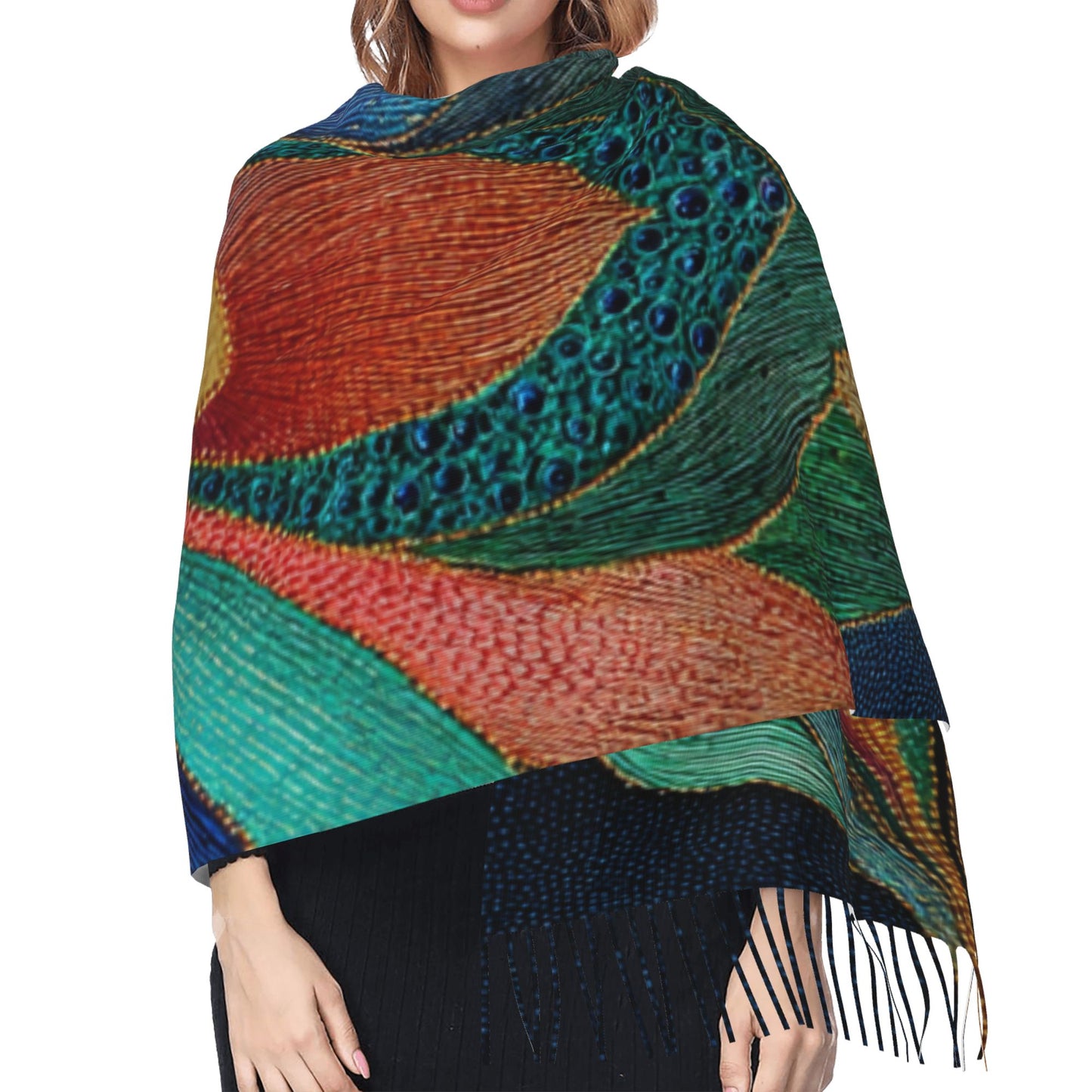 Peacock Feather Pattern Faux Cashmere Tassel Scarf｜Boho Artistic Long Winter Shawl｜Soft Warm Wrap 77"x27"