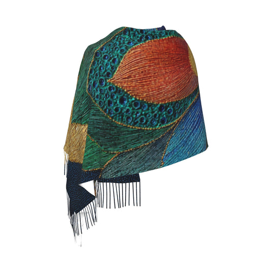 Peacock Feather Pattern Faux Cashmere Tassel Scarf｜Boho Artistic Long Winter Shawl｜Soft Warm Wrap 77"x27"