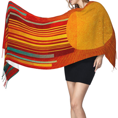 Abstract Sun Design Faux Cashmere Tassel Scarf｜Artistic Warm Winter Shawl｜Soft Oversized Wrap 77"x27"