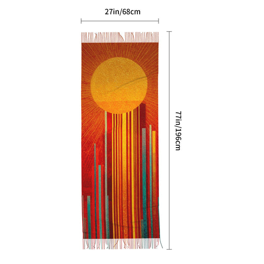Abstract Sun Design Faux Cashmere Tassel Scarf｜Artistic Warm Winter Shawl｜Soft Oversized Wrap 77"x27"