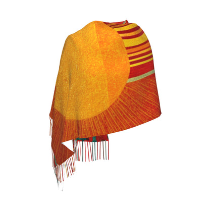 Abstract Sun Design Faux Cashmere Tassel Scarf｜Artistic Warm Winter Shawl｜Soft Oversized Wrap 77"x27"