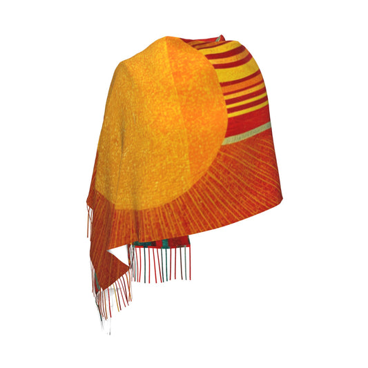 Abstract Sun Design Faux Cashmere Tassel Scarf｜Artistic Warm Winter Shawl｜Soft Oversized Wrap 77"x27"