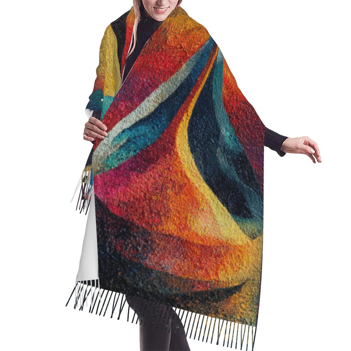 Abstract Sun Design Faux Cashmere Tassel Scarf｜Artistic Warm Winter Shawl｜Soft Oversized Wrap 77"x27"
