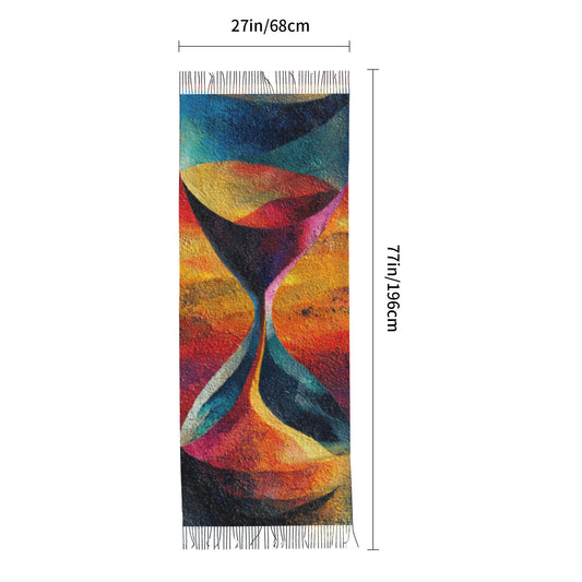 Abstract Sun Design Faux Cashmere Tassel Scarf｜Artistic Warm Winter Shawl｜Soft Oversized Wrap 77"x27"
