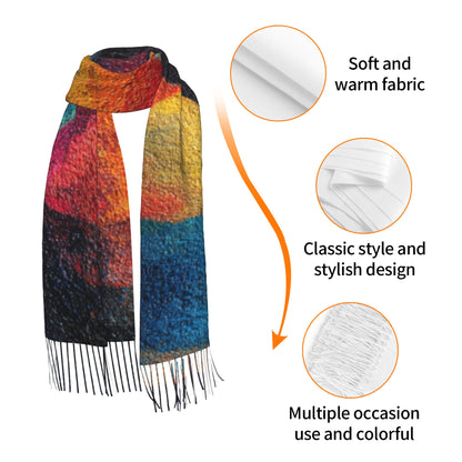 Abstract Sun Design Faux Cashmere Tassel Scarf｜Artistic Warm Winter Shawl｜Soft Oversized Wrap 77"x27"