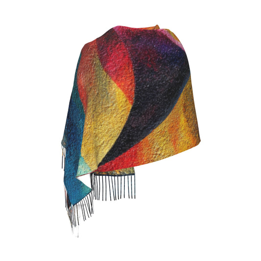 Abstract Sun Design Faux Cashmere Tassel Scarf｜Artistic Warm Winter Shawl｜Soft Oversized Wrap 77"x27"