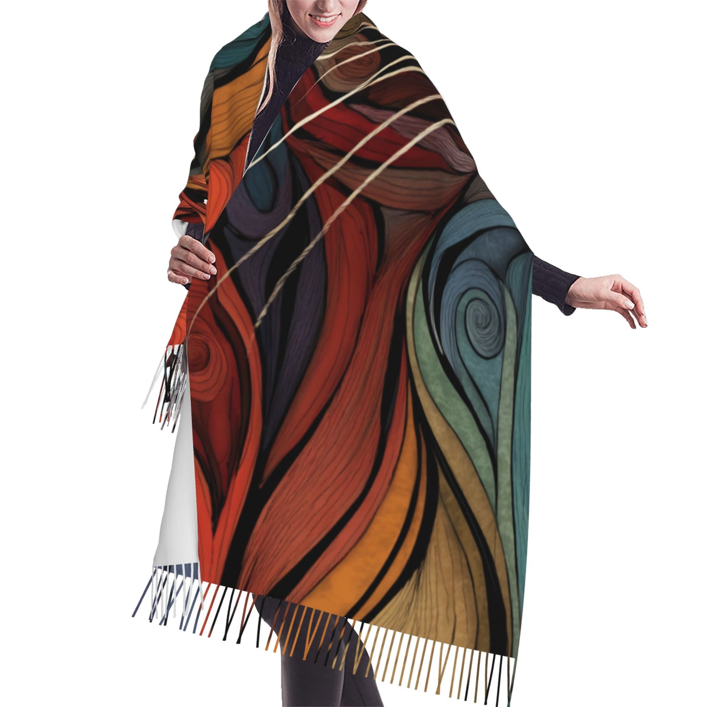 Abstract Cat Face Faux Cashmere Tassel Scarf｜Art-Inspired Soft Warm Wrap｜Stylish Winter Shawl 77"x27"