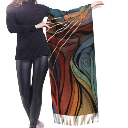Abstract Cat Face Faux Cashmere Tassel Scarf｜Art-Inspired Soft Warm Wrap｜Stylish Winter Shawl 77"x27"