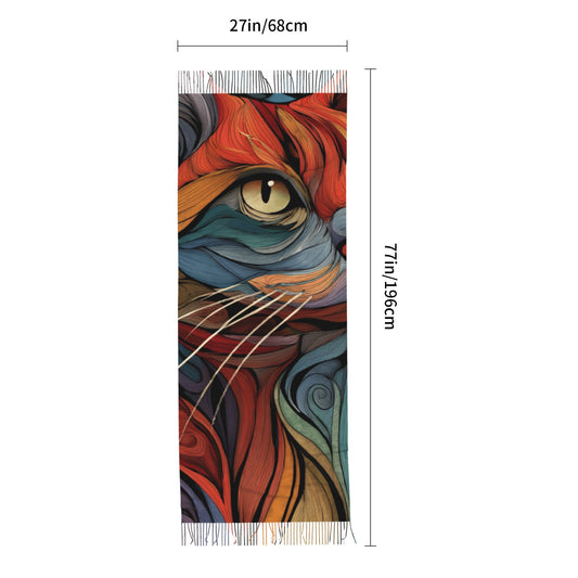 Abstract Cat Face Faux Cashmere Tassel Scarf｜Art-Inspired Soft Warm Wrap｜Stylish Winter Shawl 77"x27"