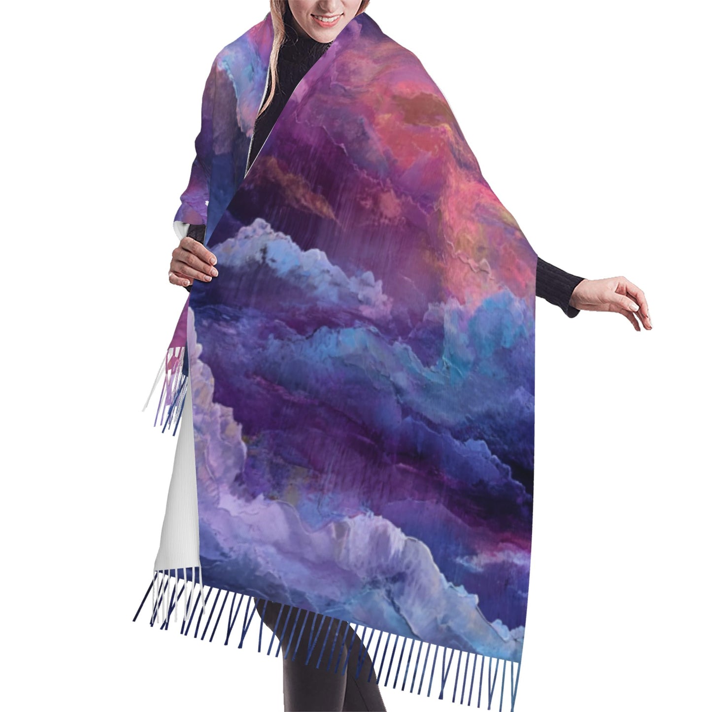 Dreamy Cloud Print Faux Cashmere Tassel Scarf｜Soft Artistic Gradient Winter Shawl｜Warm Wrap 77"x27"