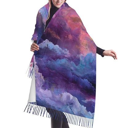 Dreamy Cloud Print Faux Cashmere Tassel Scarf｜Soft Artistic Gradient Winter Shawl｜Warm Wrap 77"x27"