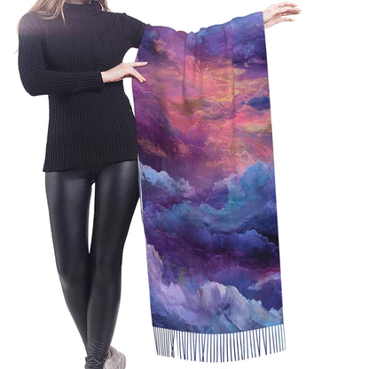 Dreamy Cloud Print Faux Cashmere Tassel Scarf｜Soft Artistic Gradient Winter Shawl｜Warm Wrap 77"x27"