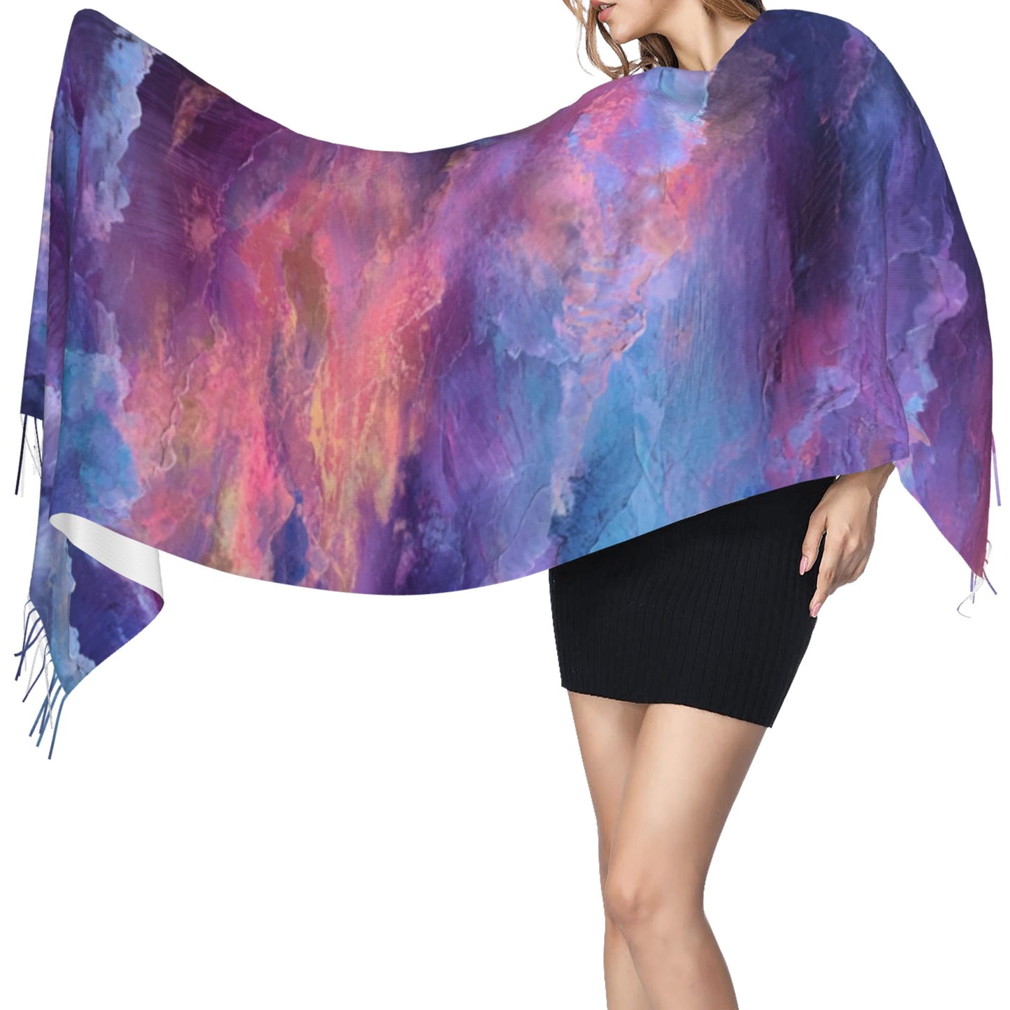 Dreamy Cloud Print Faux Cashmere Tassel Scarf｜Soft Artistic Gradient Winter Shawl｜Warm Wrap 77"x27"