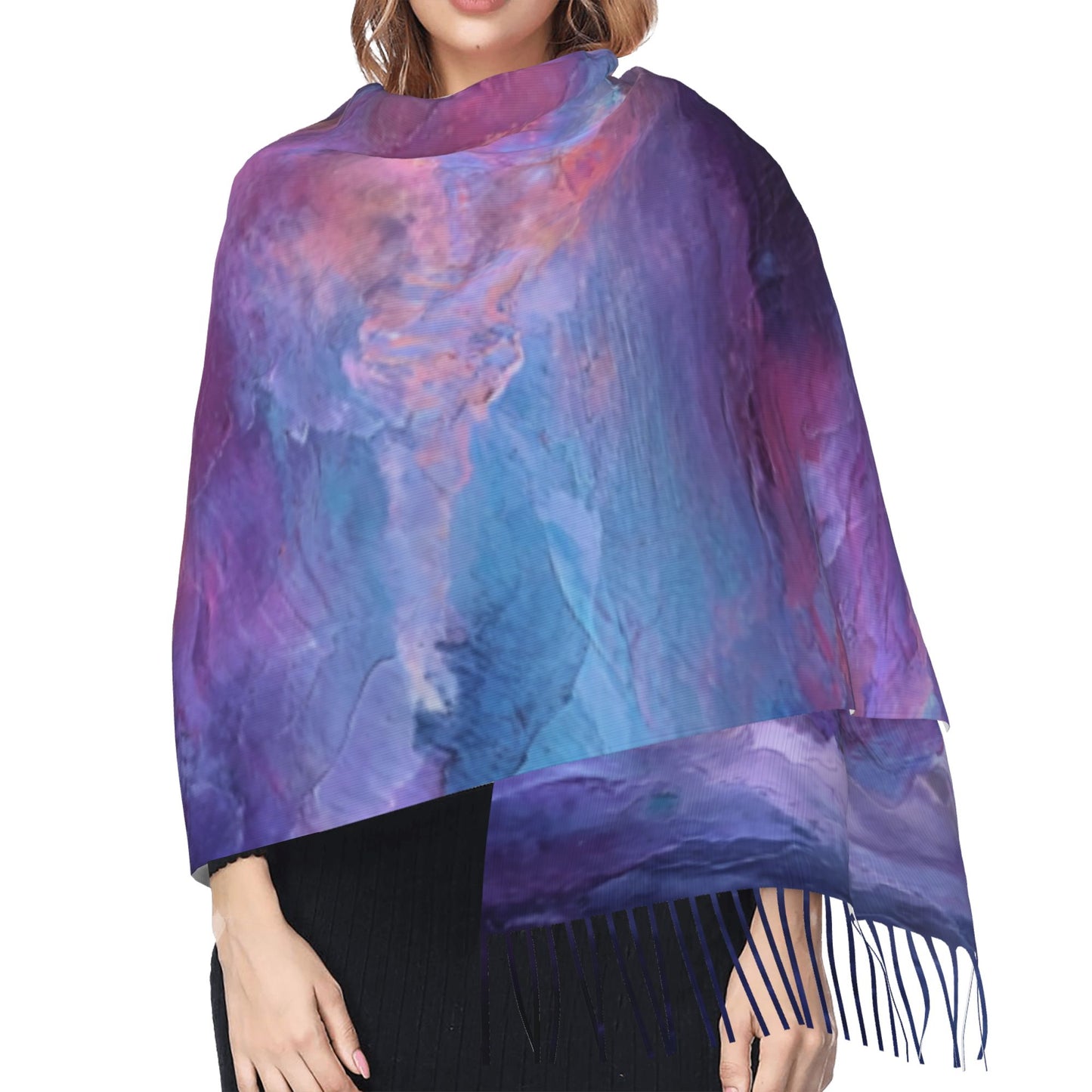 Dreamy Cloud Print Faux Cashmere Tassel Scarf｜Soft Artistic Gradient Winter Shawl｜Warm Wrap 77"x27"