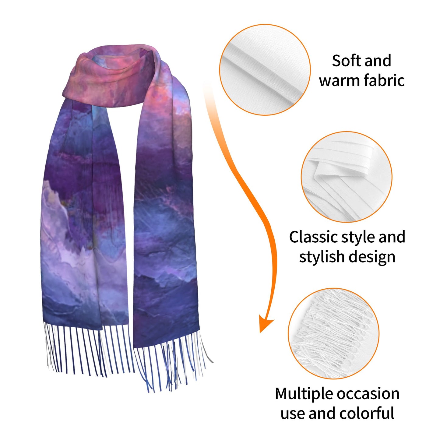 Dreamy Cloud Print Faux Cashmere Tassel Scarf｜Soft Artistic Gradient Winter Shawl｜Warm Wrap 77"x27"